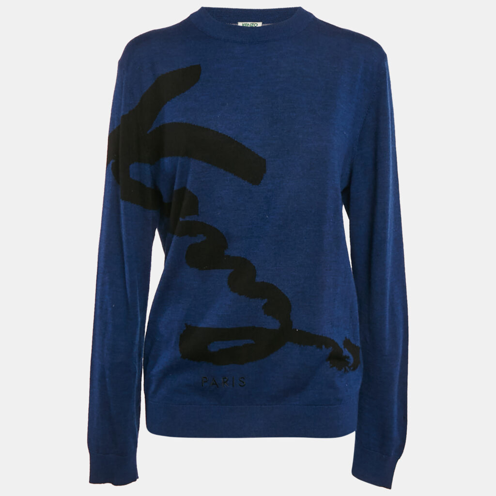 luxury-women-kenzo-used-clothes-p1121665-001 Kenzo Blue Logo Intarsia Wool Knit Crewneck Sweater M