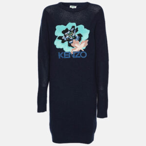 Kenzo Navy Blue Wool Knit Logo Embellished Sweater S