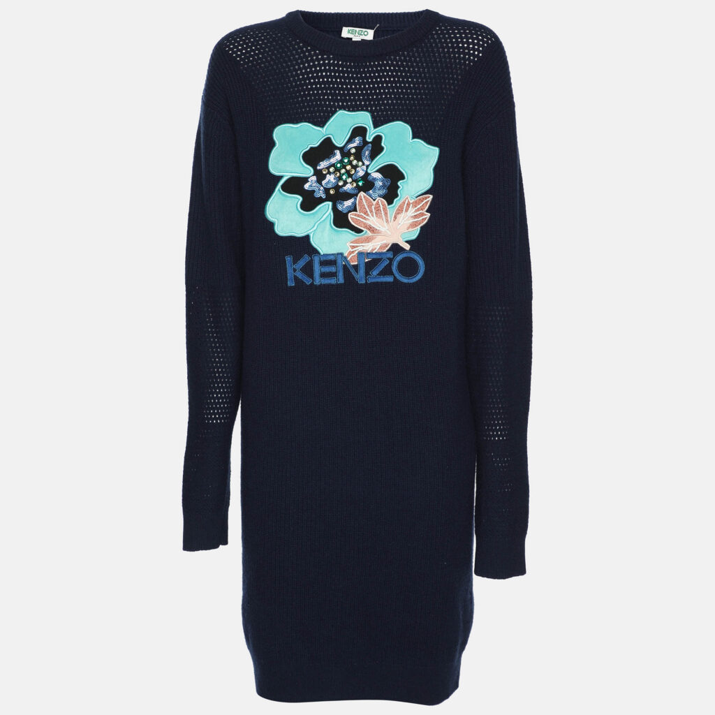 luxury-women-kenzo-used-clothes-p1139072-001 Kenzo Navy Blue Wool Knit Logo Embellished Sweater S