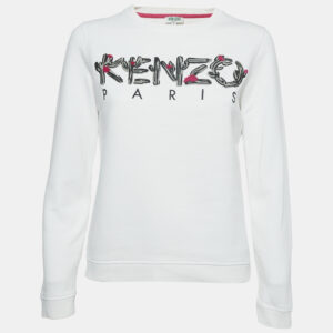 Kenzo White Logo Embroidered Cotton Crew Neck Sweatshirt S