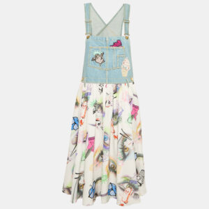 Kenzo Blue Eyes Print Silk and Denim Applique Detail Midi Dress M