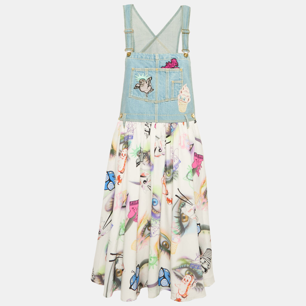 luxury-women-kenzo-used-clothes-p1151750-005 Kenzo Blue Eyes Print Silk and Denim Applique Detail Midi Dress M