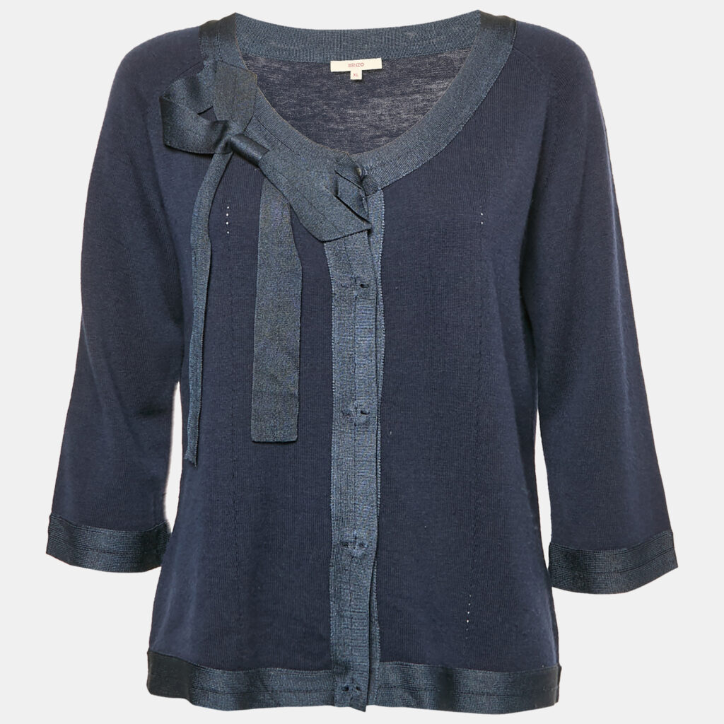luxury-women-kenzo-used-clothes-p1152365-006 Kenzo Blue Wool Blend Buttoned Short Sleeve Top XL