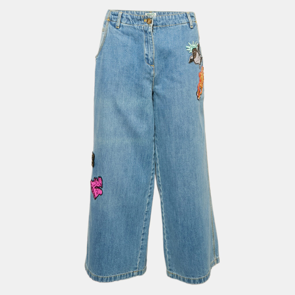 Kenzo Blue Applique Detail Denim Wide-Leg Jean L Waist 34"