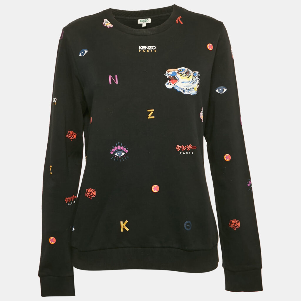 luxury-women-kenzo-used-clothes-p1152495-004 Kenzo Black Over All Print Cotton Crewneck Sweatshirt L