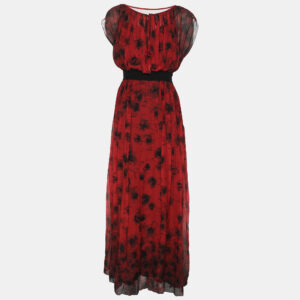 Kenzo Red/Black Floral Print Silk Dress L