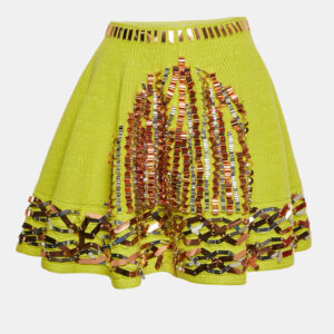 Kenzo Green Sequin Embellished Rib Knit Flared Mini Skirt M
