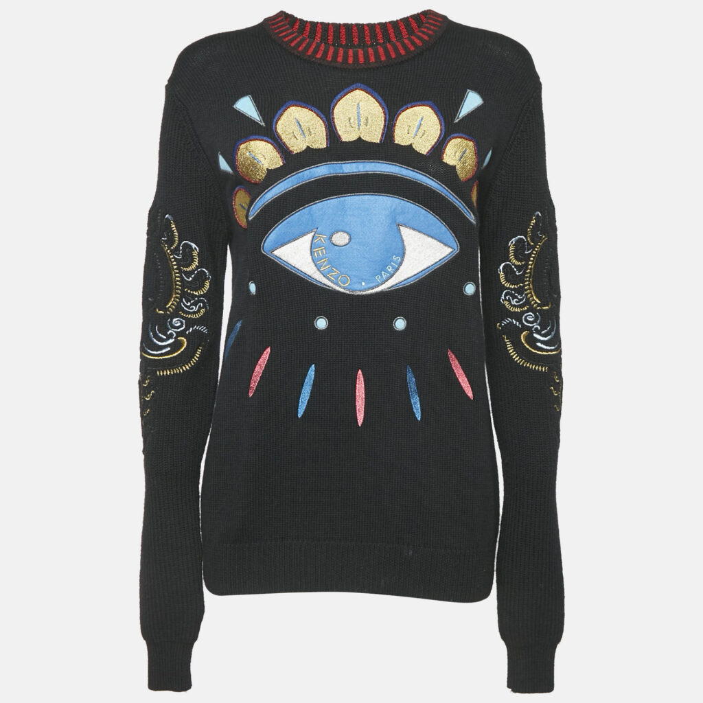 Kenzo Black Eye Embroidered Wool Knit Long Sleeve Sweater S