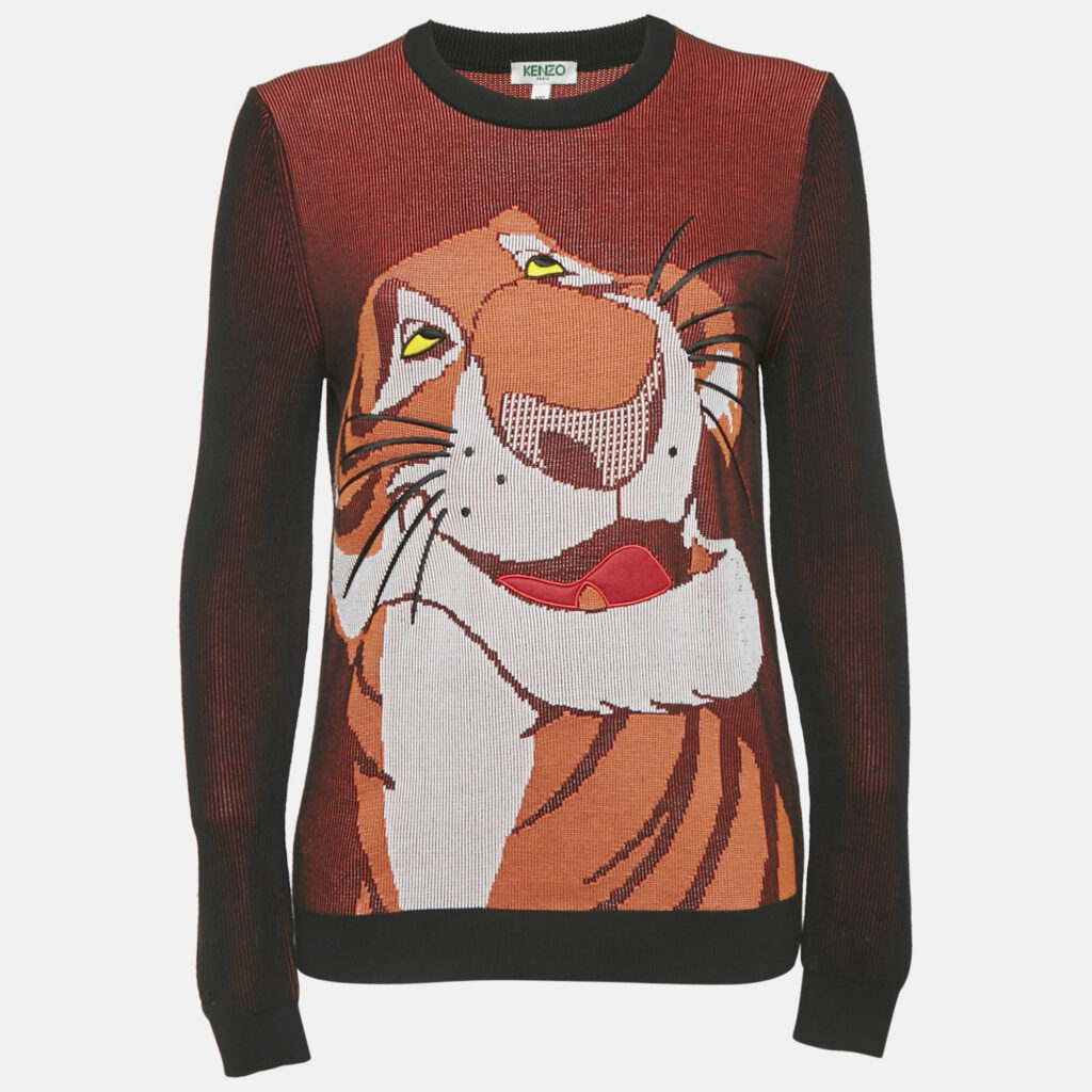 luxury-women-kenzo-used-clothes-p1162426-001 Kenzo x Disney Jungle Book Orange/Black Tiger Jacquard Knit Long Sleeve Sweater XS