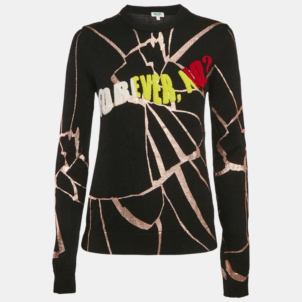 Kenzo Black Tufted and Metallic Print Wool Knit Sweater S