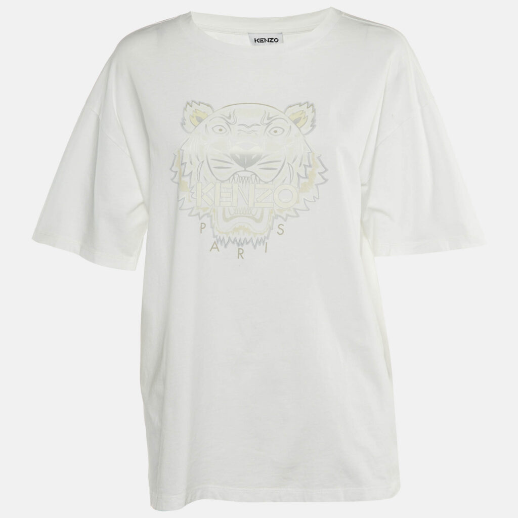 luxury-women-kenzo-used-clothes-p1166944-007 Kenzo White Tiger Print Cotton Crew Neck T-Shirt L
