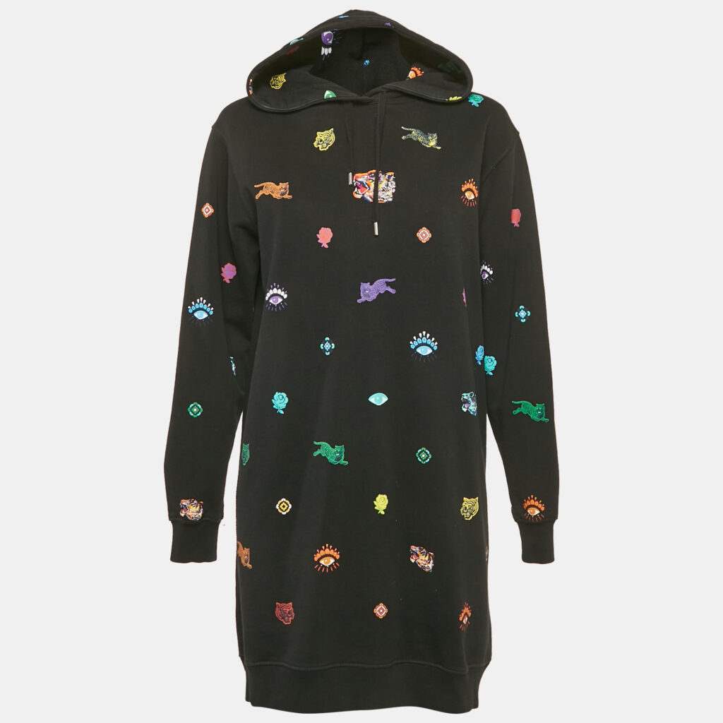 luxury-women-kenzo-used-clothes-p1168644-005 Kenzo Black Tiger Print Cotton Knit Hooded Mini Dress S