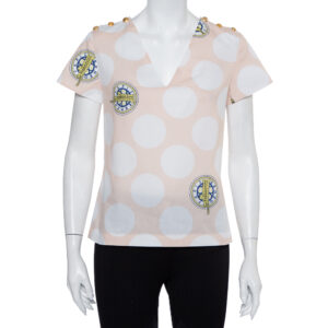 Kenzo Beige Polka Dot Logo Printed Cotton V-Neck Top S