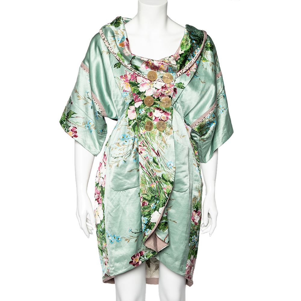 luxury-women-kenzo-used-clothes-p501247-003-2 Kenzo Mint Green Floral Print Linen Blend Double Breasted Coat M