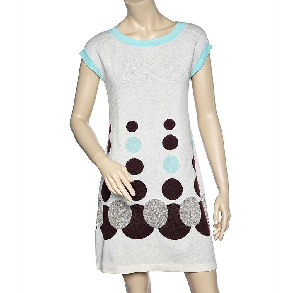 luxury-women-kenzo-used-clothes-p581582-004-1 Kenzo Off White Circle Patterned Cotton Knit Shift Dress S