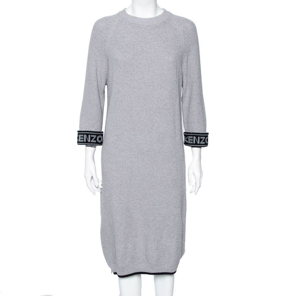 luxury-women-kenzo-used-clothes-p589658-003-2 Kenzo Grey Knit Logo Trimmed Detailed Long Sleeve Sweater Dress S