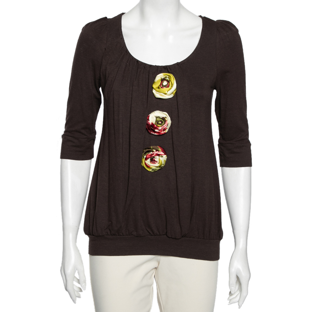 luxury-women-kenzo-used-clothes-p596687-006-1 Kenzo Brown Knit Floral Applique Detailed Top S