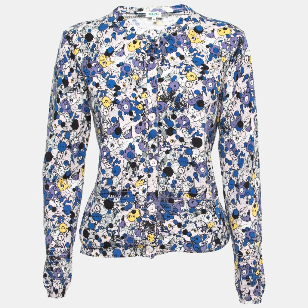 luxury-women-kenzo-used-clothes-p751383-002 Kenzo Blue Multicolor Printed Knit Buttoned Cardigan M