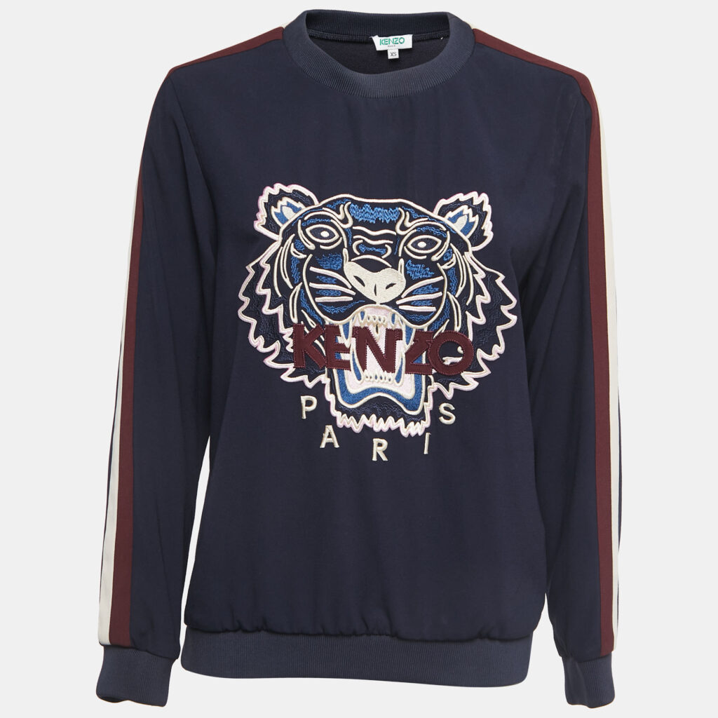 luxury-women-kenzo-used-clothes-p842952-001 Kenzo Navy Blue Logo Embroidered Crepe Crew Neck Sweatshirt XS
