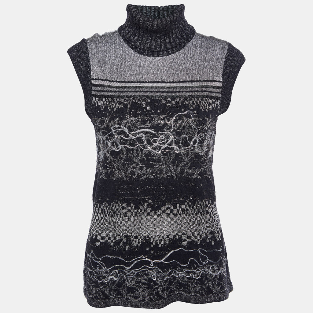 luxury-women-kenzo-used-clothes-p869465-005 Kenzo Black Intarsia Lurex Knit Sleeveless Turtleneck Sweater L