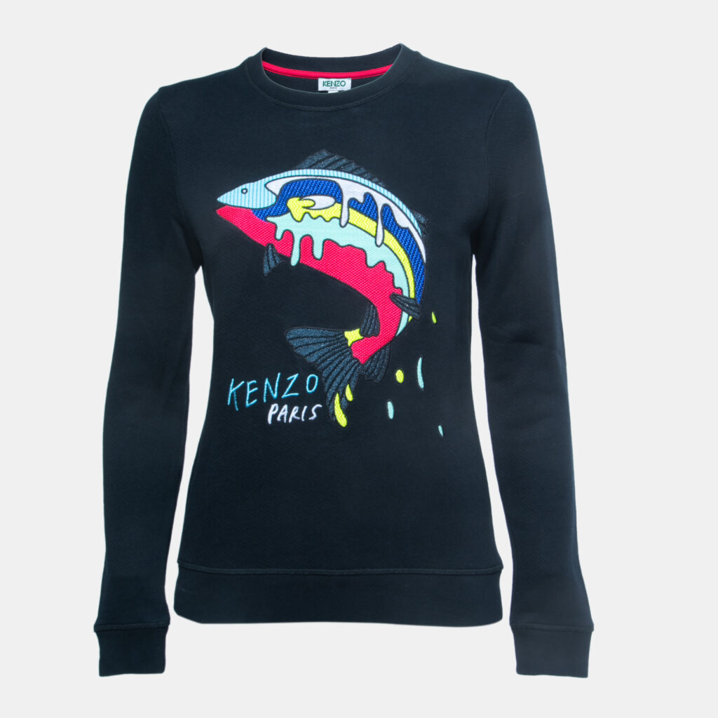 luxury-women-kenzo-used-clothes-p870151-002 Kenzo Navy Blue Logo Shark Embroidered Cotton Crew Neck Sweatshirt S