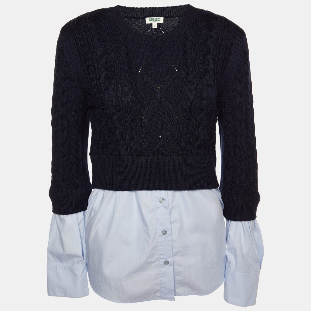 luxury-women-kenzo-used-clothes-p877768-003 Kenzo Navy Blue Wool Knit & Shirt Insert Sweater L