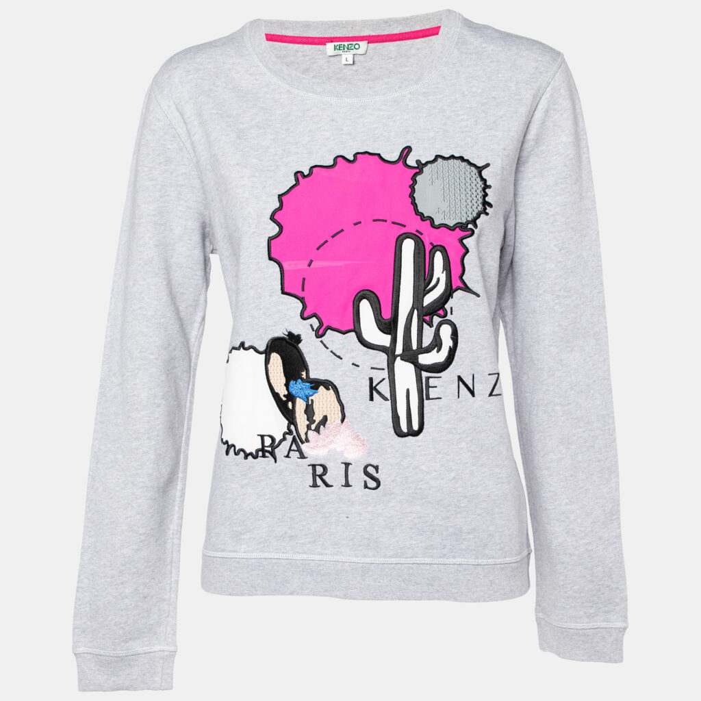luxury-women-kenzo-used-clothes-p904246-001 Kenzo Grey Cactus Applique Cotton Knit Long Sleeve Sweatshirt L