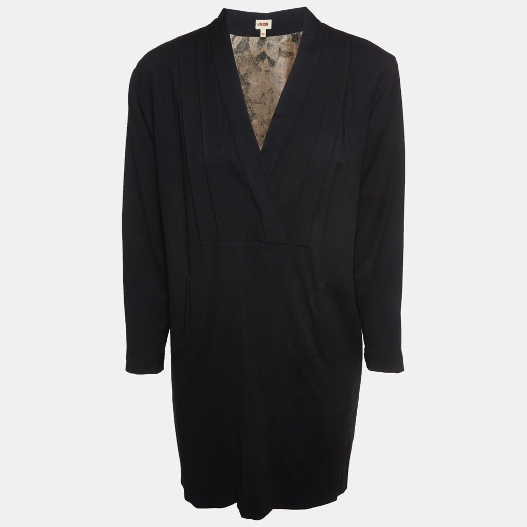luxury-women-kenzo-used-clothes-p926365-004 Kenzo Black Wool Blend V-Neck Mini Dress M