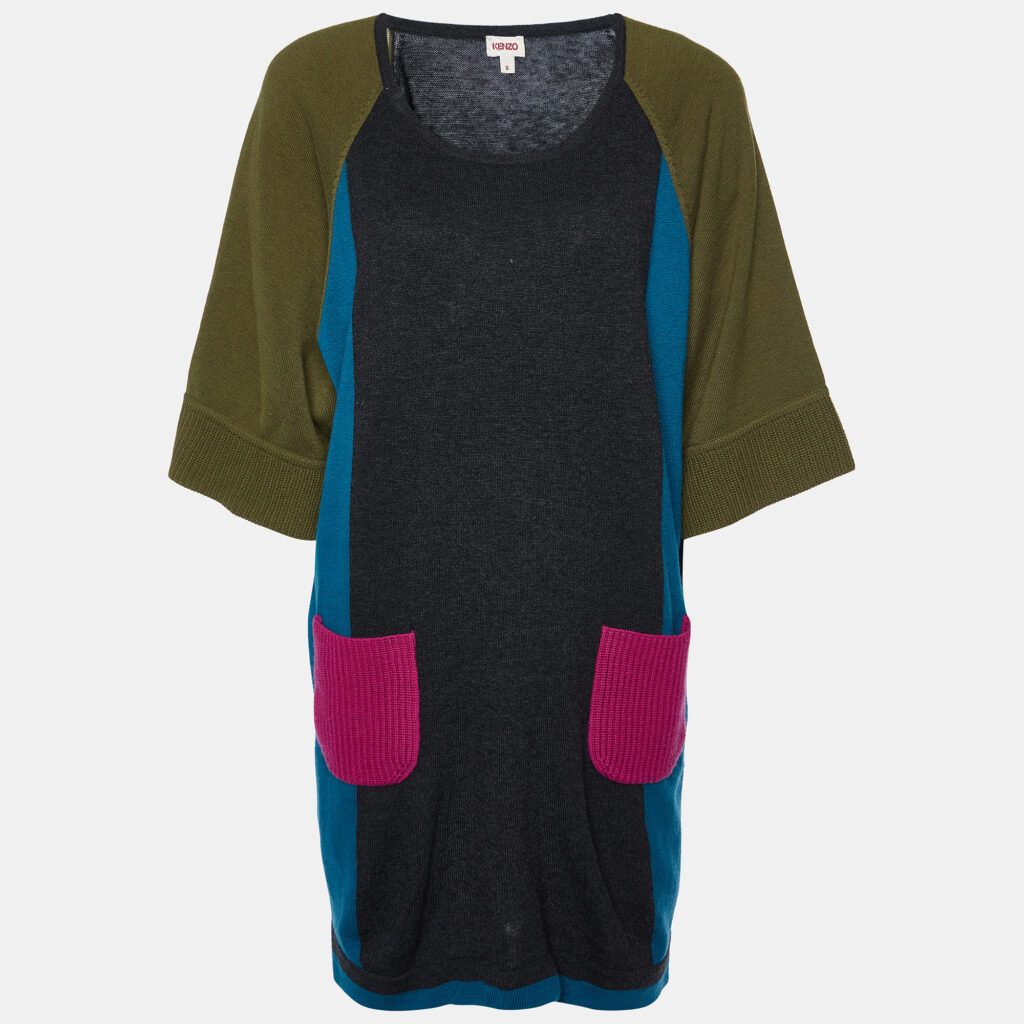 luxury-women-kenzo-used-clothes-p927030-004 Kenzo Grey Colorblock Wool Knit Sweater Dress S