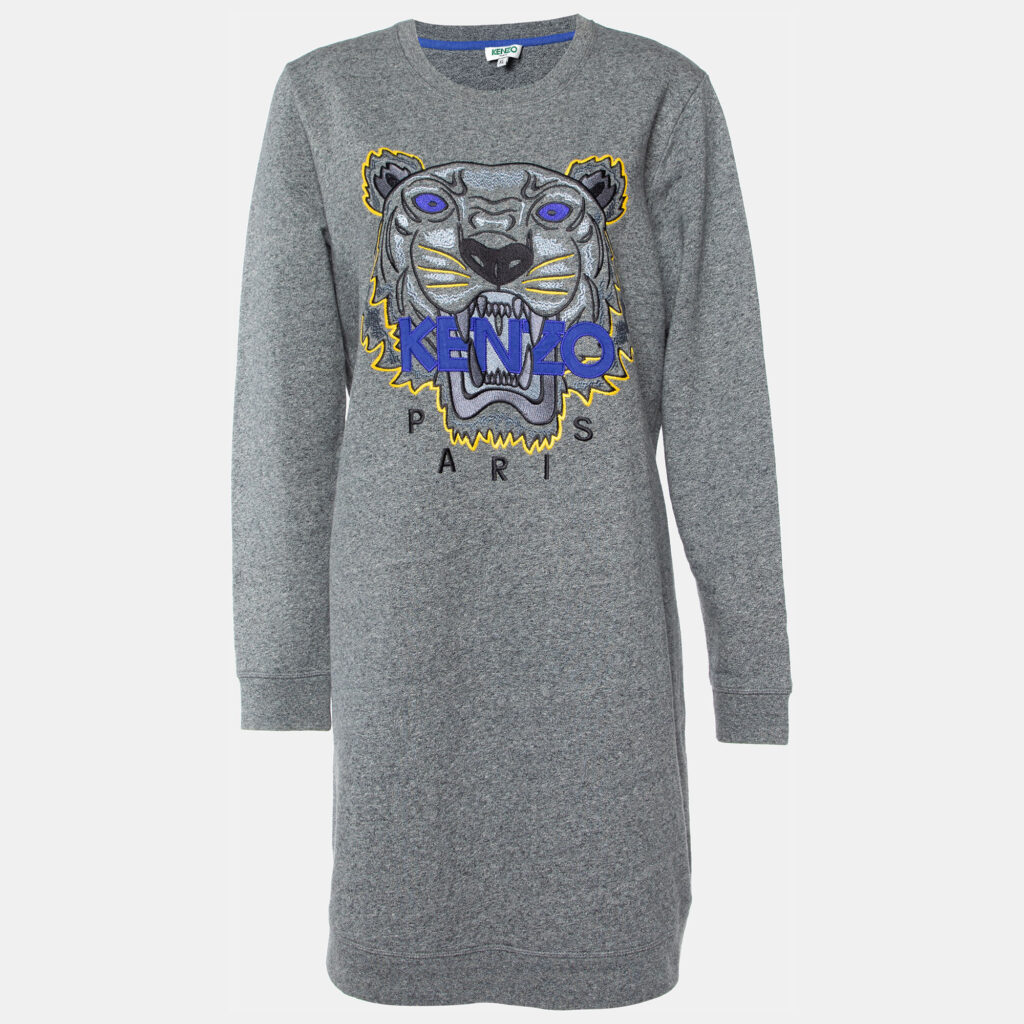 luxury-women-kenzo-used-clothes-p927804-004 Kenzo Grey Tiger Embroidered Cotton Sweater Dress XL