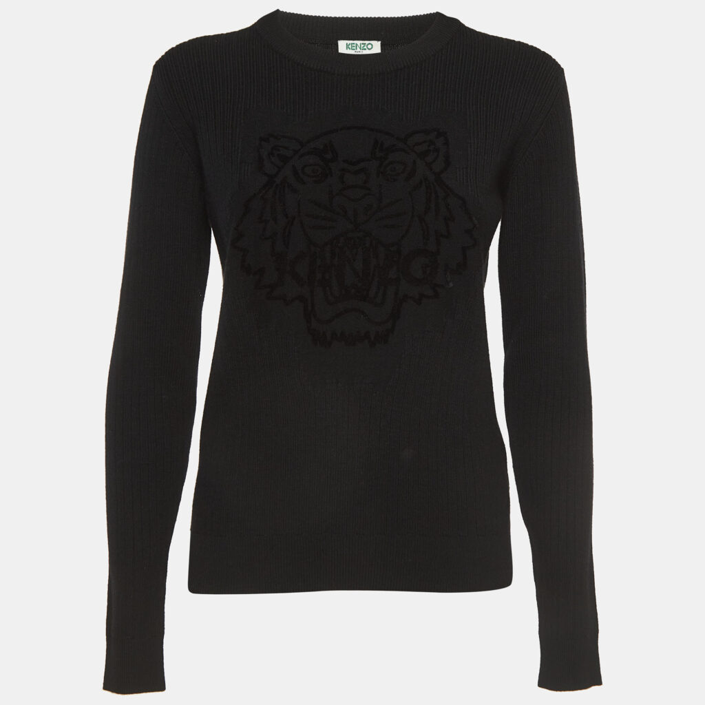luxury-women-kenzo-used-clothes-p929773-001 Kenzo Black Tiger Patterned Wool Knit Sweatshirt M