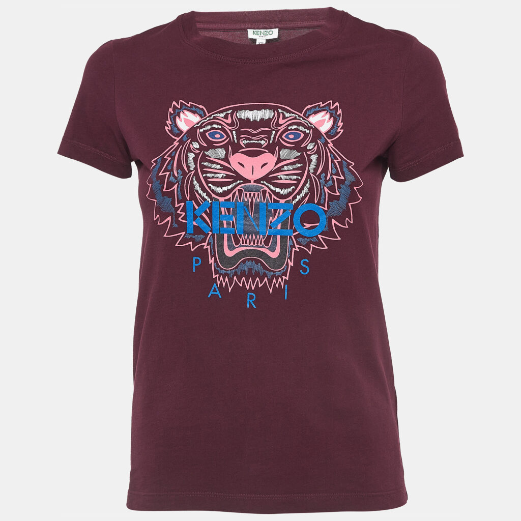 luxury-women-kenzo-used-clothes-p940313-006 Kenzo Burgundy Logo Printed Cotton Crew Neck T-Shirt S