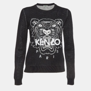 Kenzo Black Tiger Logo Embroidered Wool Blend Crew Neck Sweater S