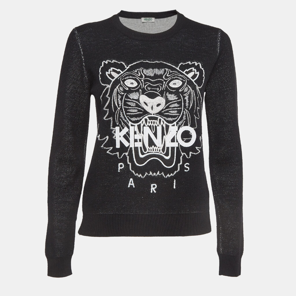luxury-women-kenzo-used-clothes-p954602-002 Kenzo Black Tiger Logo Embroidered Wool Blend Crew Neck Sweater S