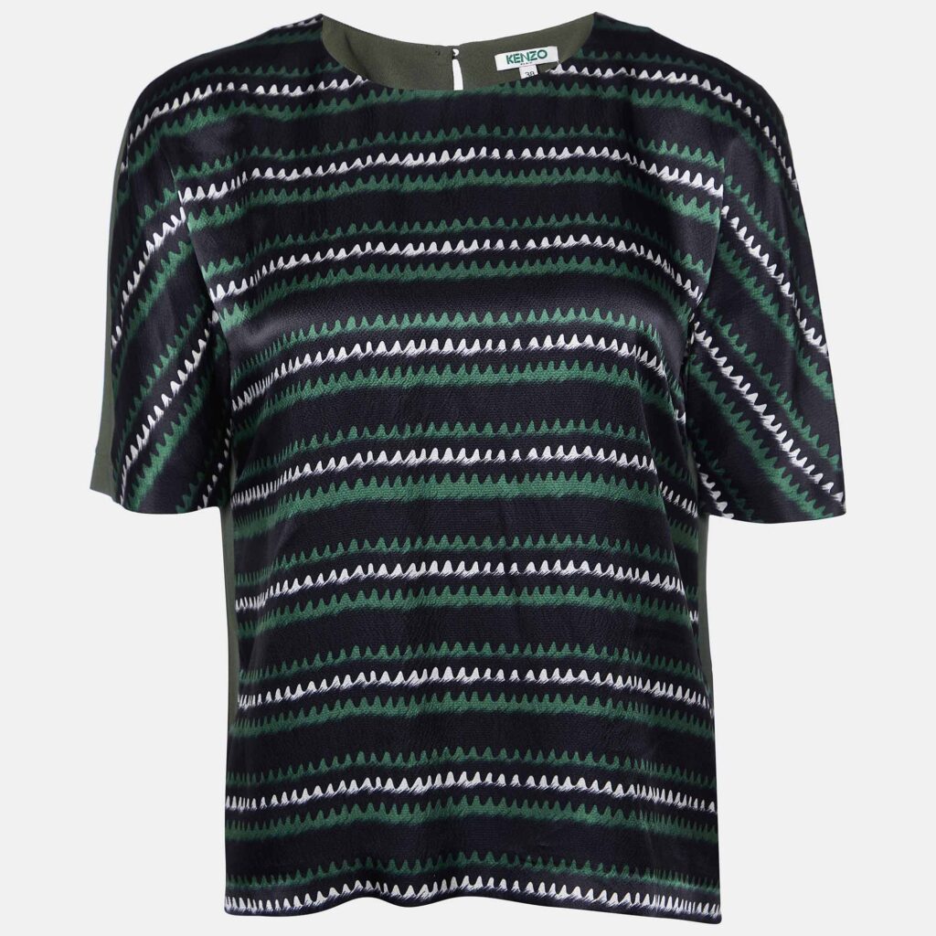 luxury-women-kenzo-used-clothes-p958035-002 Kenzo Green Printed Silk Short Sleeve Top M