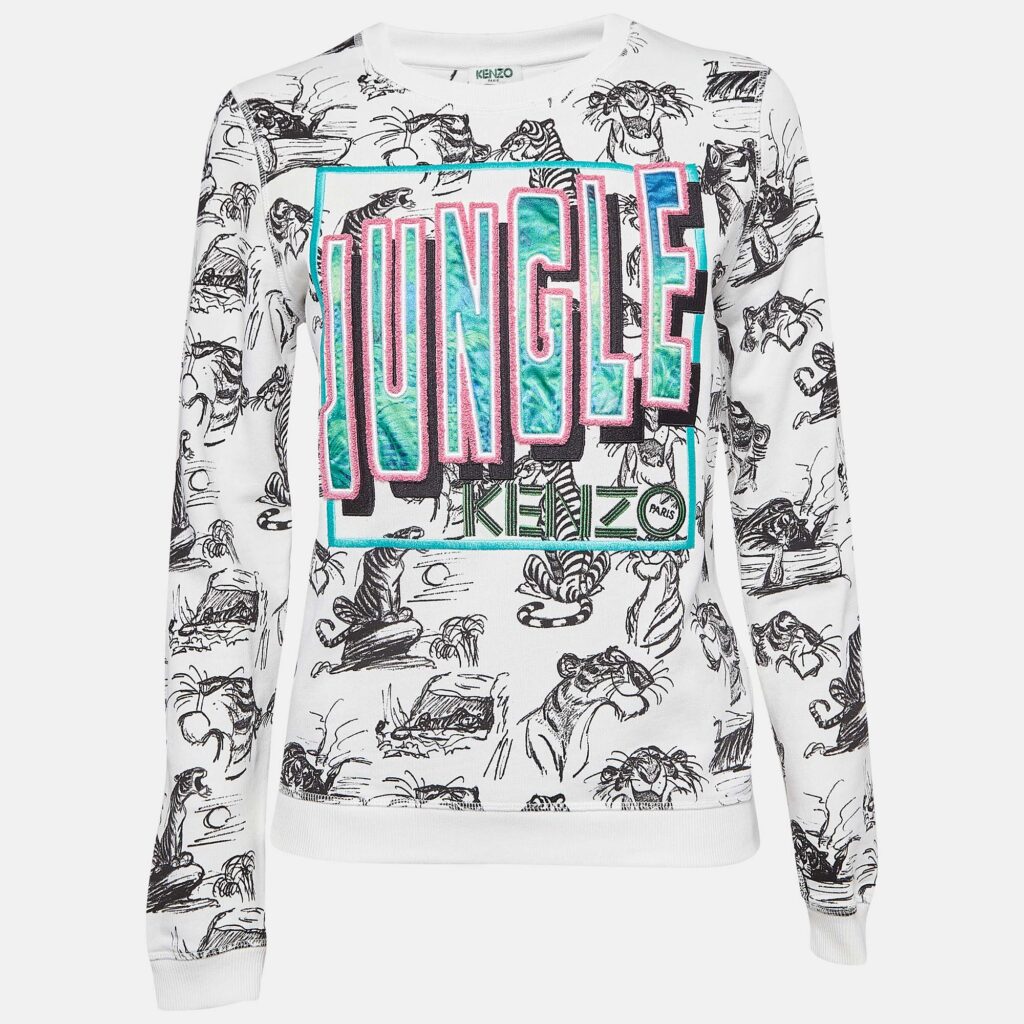 luxury-women-kenzo-used-clothes-p960378-005 Kenzo White Jungle Embroidered Cotton Knit Crew Neck Sweatshirt S