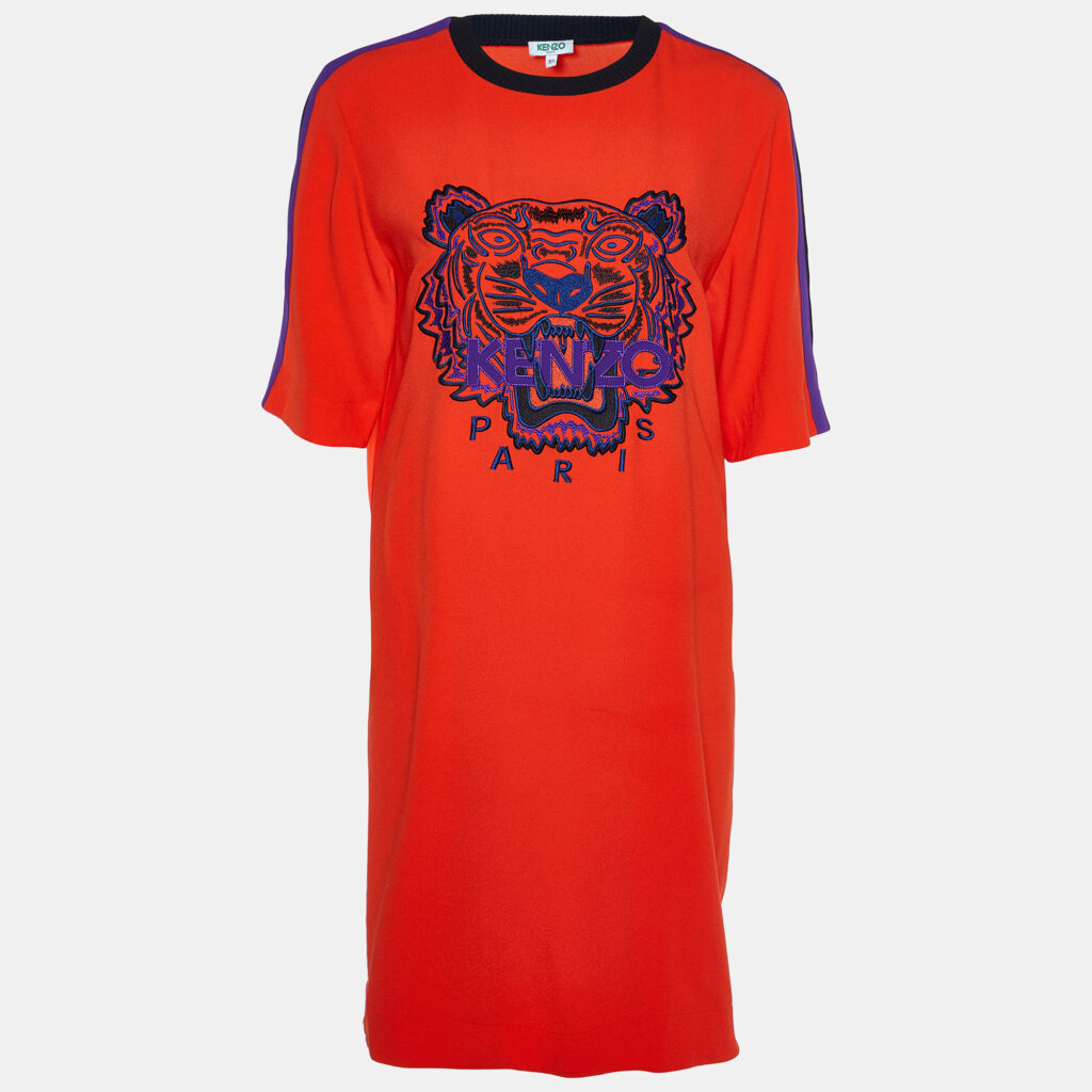 luxury-women-kenzo-used-clothes-p978497-002 Kenzo Orange Crepe Tiger Motif Embroidered Shift Dress XS