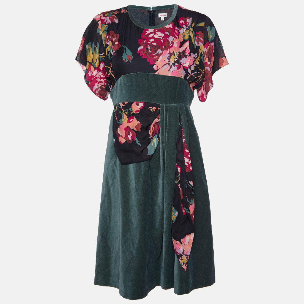 luxury-women-kenzo-used-clothes-p979577-001 Kenzo Green Floral Print Silk & Velvet Knee-Length Dress M