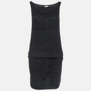 Kenzo Black Stripe Lurex Knit Belted Mini Dress M
