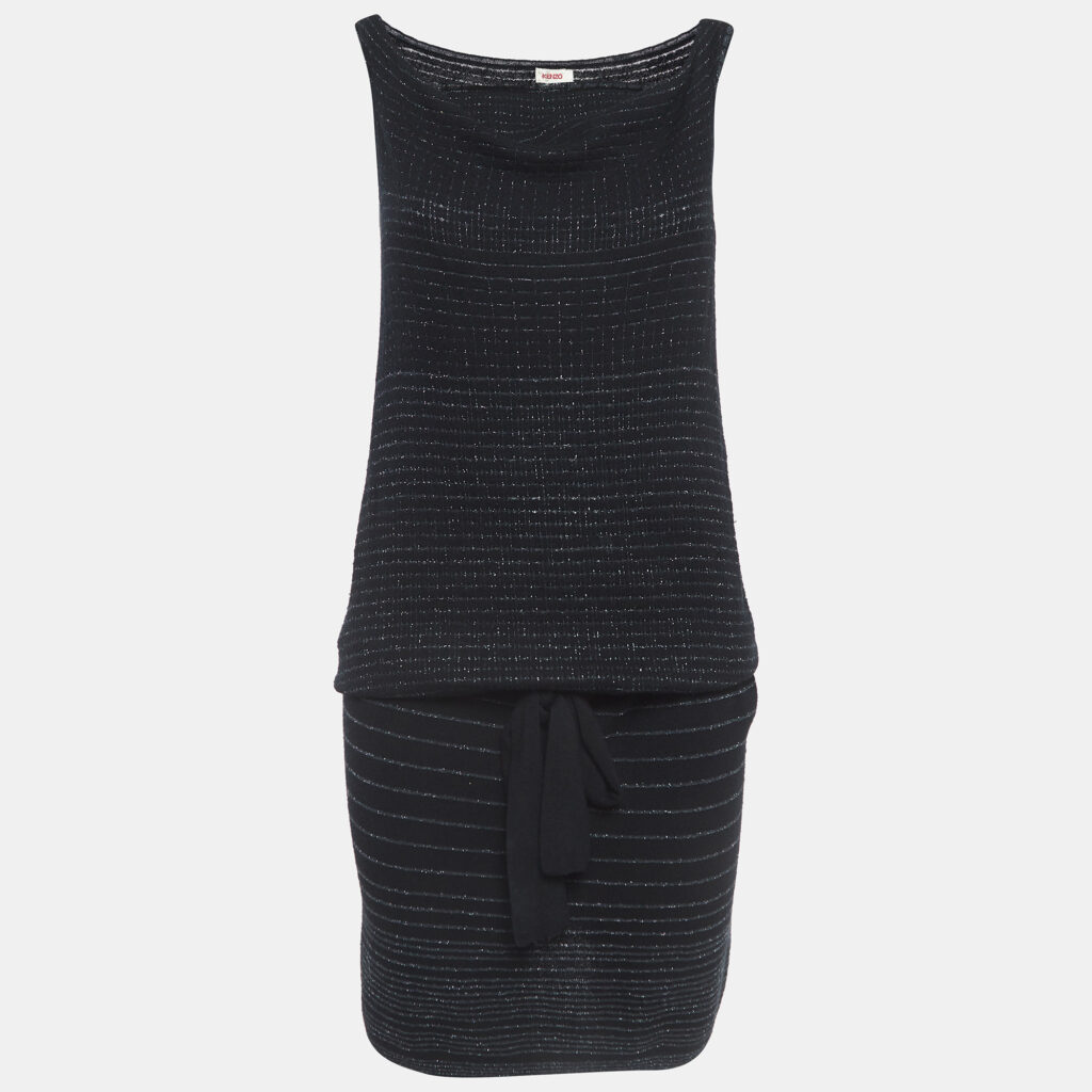 luxury-women-kenzo-used-clothes-p984841-001 Kenzo Black Stripe Lurex Knit Belted Mini Dress M