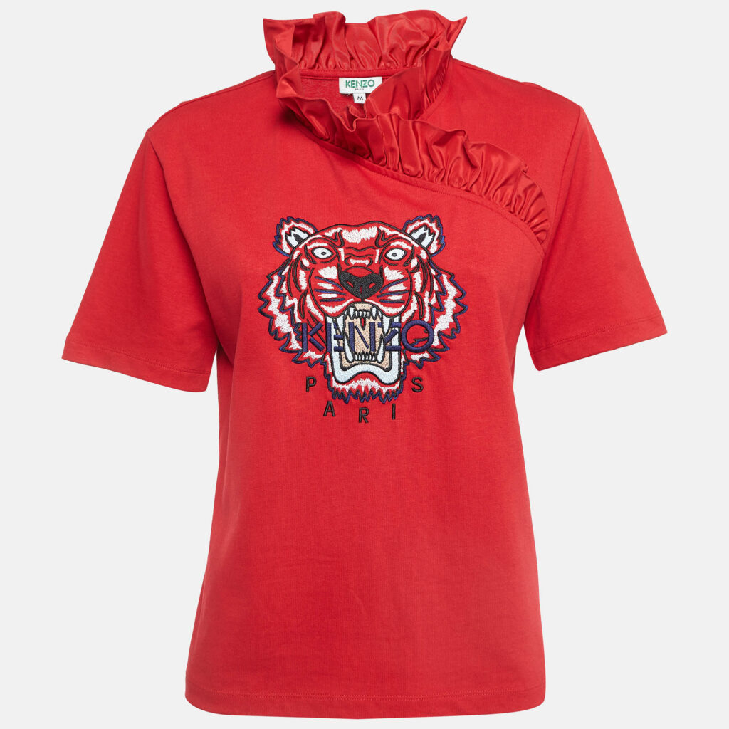 luxury-women-kenzo-used-clothes-p996619-001 Kenzo Red Tiger Logo Embroidered Cotton Ruffle Neck T-Shirt M