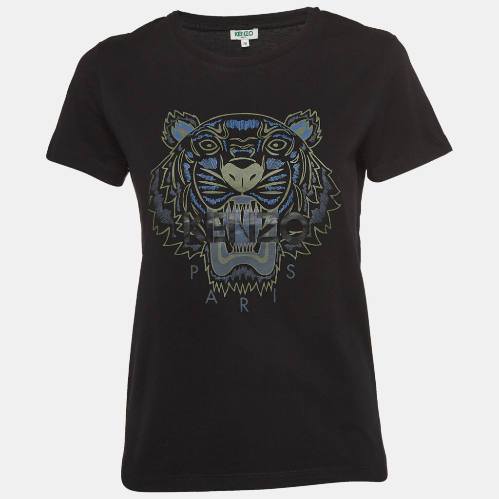 Kenzo Black Tiger Print Cotton Knit Short Sleeves T-shirt M