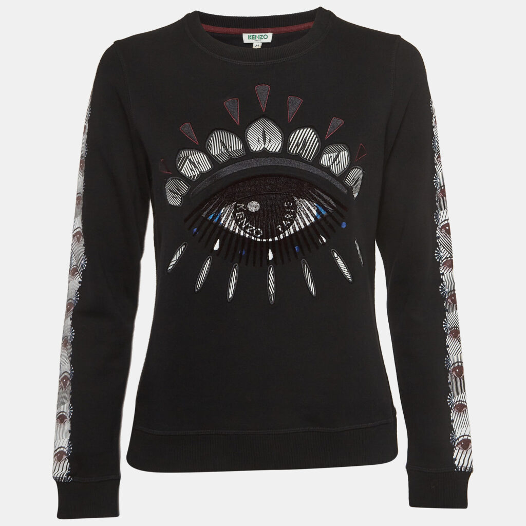 luxury-women-kenzo-used-clothes-p999811-005 Kenzo Black Evil Eye Embroidered & Printed Cotton Knit Sweatshirt M