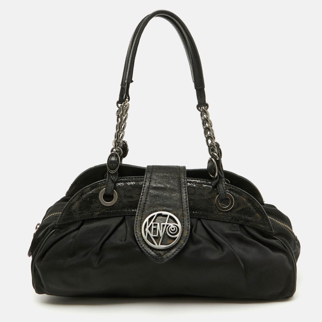 Kenzo Black Nylon and Leather Flap Frame Satchel