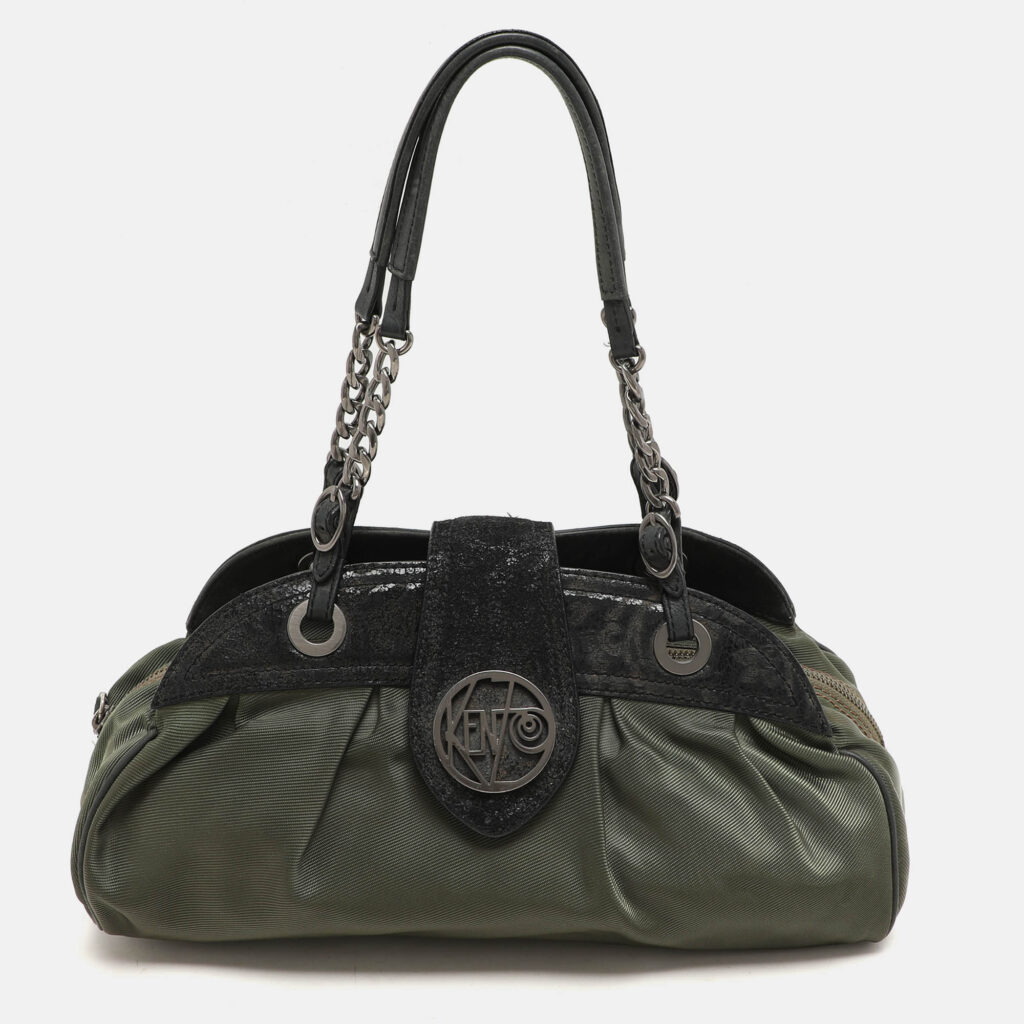 luxury-women-kenzo-used-handbags-p1156103-019 Kenzo Green/Black Nylon and Leather Satchel