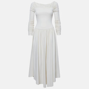 Khaite Off-White Knit Ruched Fit and Flare Midi Dress S