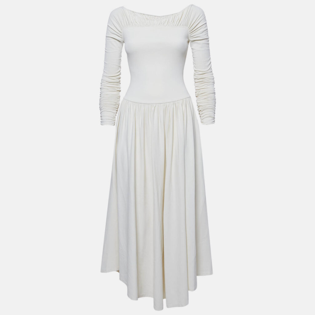 luxury-women-khaite-used-clothes-p1161781-002 Khaite Off-White Knit Ruched Fit and Flare Midi Dress S