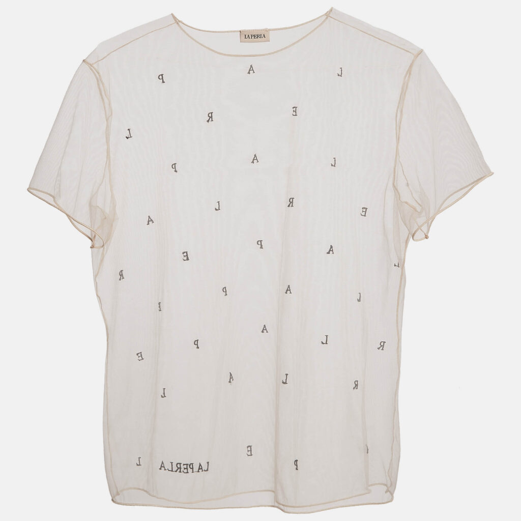 La Perla Light Pink Logo Embroidered Tulle Sheer Top M