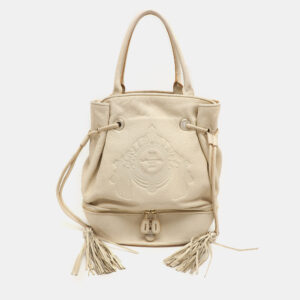 Lancel Cream Leather Drawstring Tassel Tote