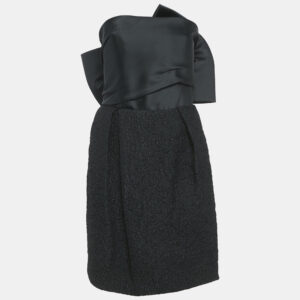 Lanvin Black Satin and Textured Jacquard Bow Detail Strapless Mini Dress M